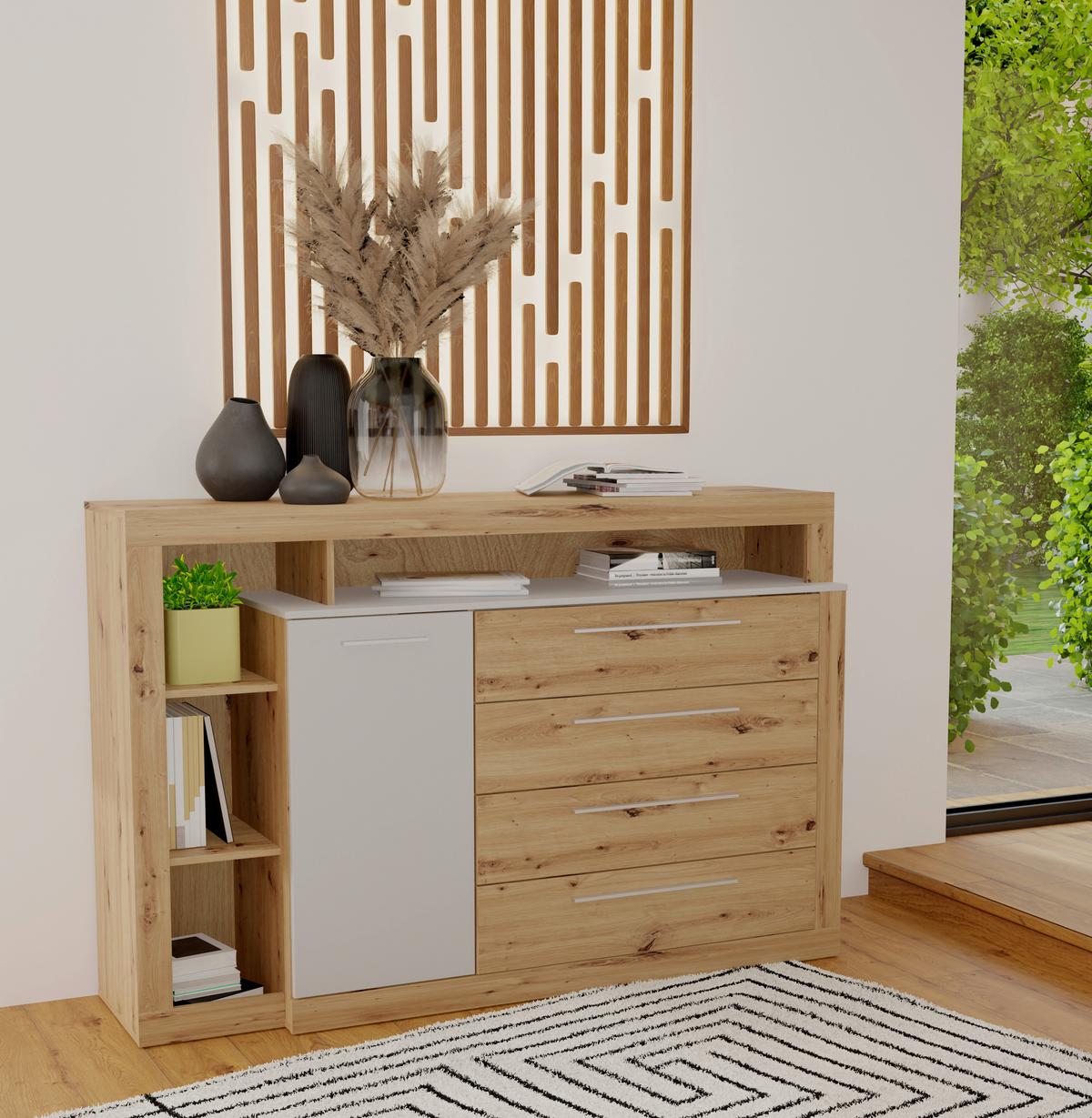 Široka Komoda Kasura, Barva Hrasta, Siva - siva/barve aluminija, Konvencionalno, umetna masa/leseni material (161/107/43cm) - Ti'me