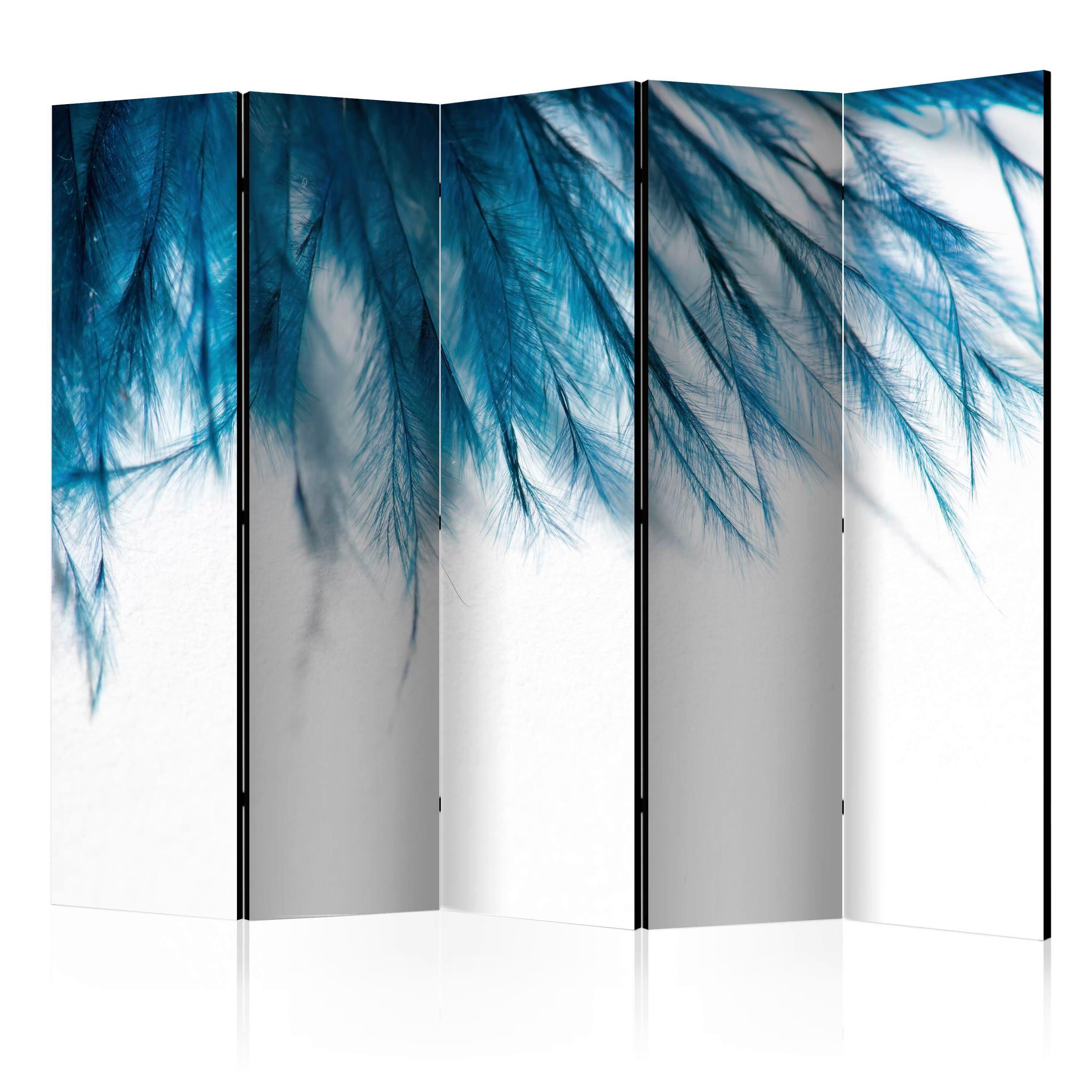 Paravan Sapphire Feathers I, 5-Delni, Dvostranski - modra/bela, Basics, tekstil/les (225/172/3cm) - artgeist