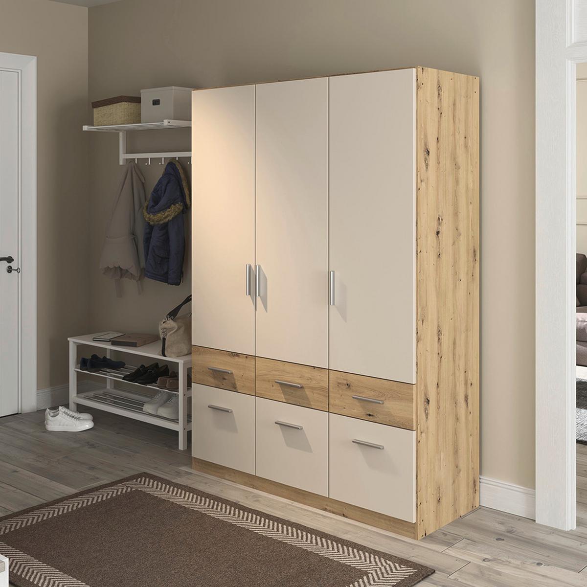 Drehtürenschrank Celle-Super Champagner/Eiche Artisan - Champagner/Alufarben, KONVENTIONELL, Holzwerkstoff/Kunststoff (136/197/54cm) - Mömax