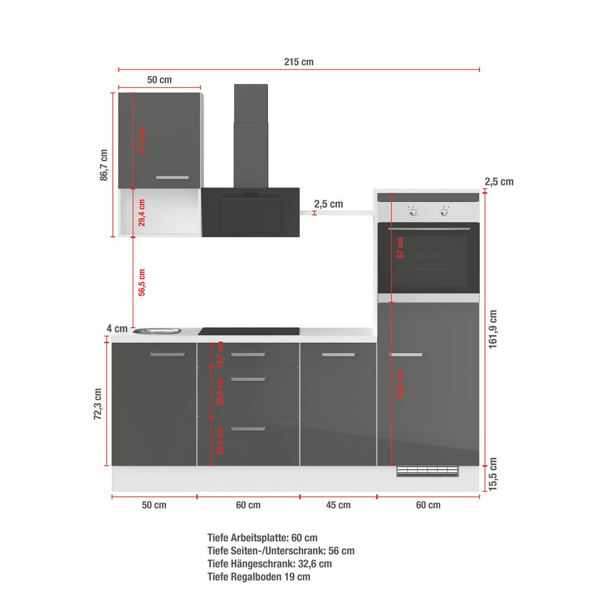 Küchenblock IBZ ohne Geräte ca. 215 cm Rot - Edelstahlfarben/Rot, Design, Holzwerkstoff/Metall (215cm) - Impuls