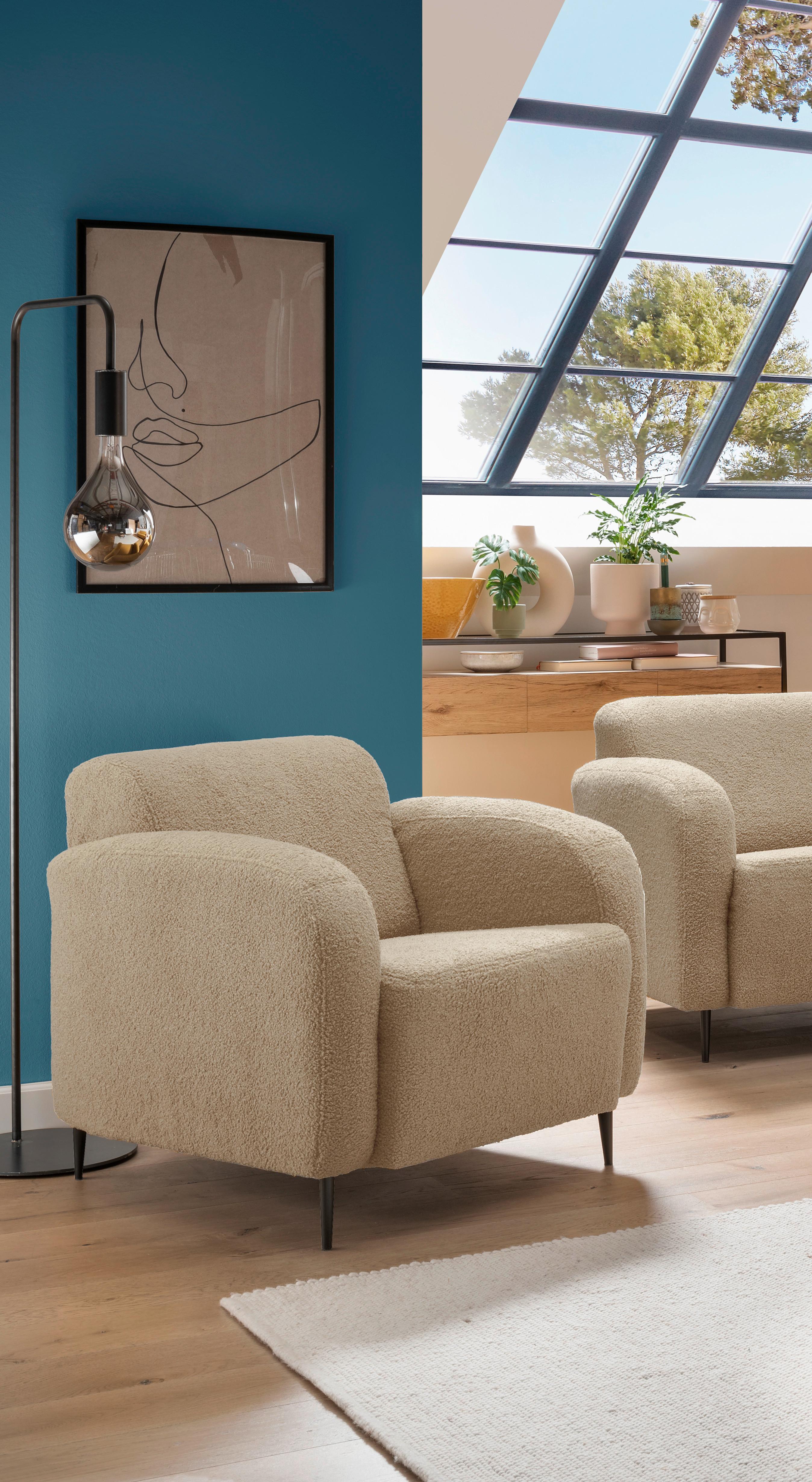 Sessel Marone Creme Teddystoff - Creme/Schwarz, MODERN, Textil/Metall (85/76/90cm) - Livetastic