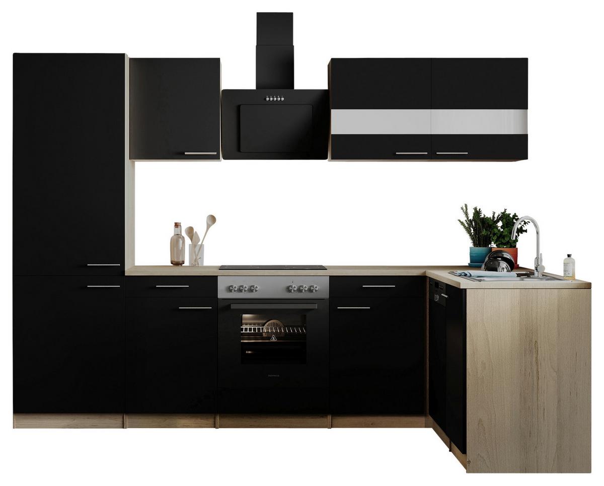 Eckküche Merle o. Geräte ca. 280x172cm Schwarz - Edelstahlfarben/Eichefarben, Basics, Holzwerkstoff/Metall (280/172cm) - Respekta