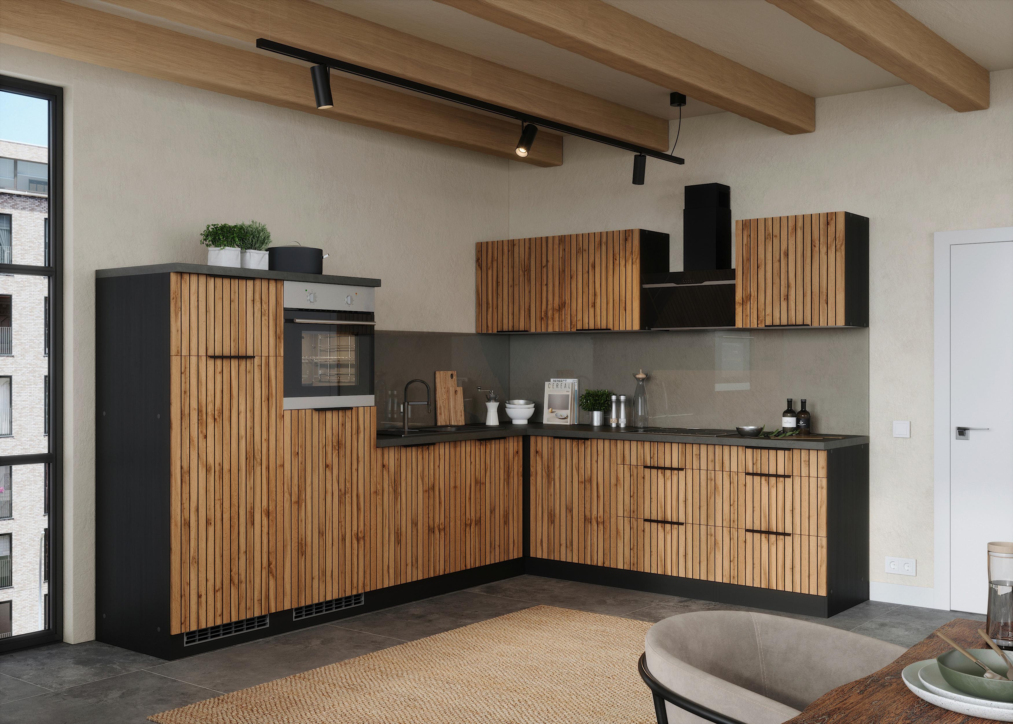 Eckküche Liverpool m. Geräten ca. 300x240cm Eiche - Schieferfarben/Eiche Wotan, Basics, Holzwerkstoff/Metall (300/240cm) - Held