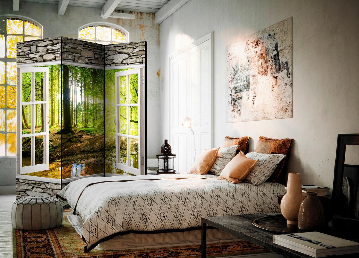 Paravan Morning Forest, 3-Delni, Dvostranski - temno siva/zelena, Basics, tekstil/les (135/172/3cm) - artgeist