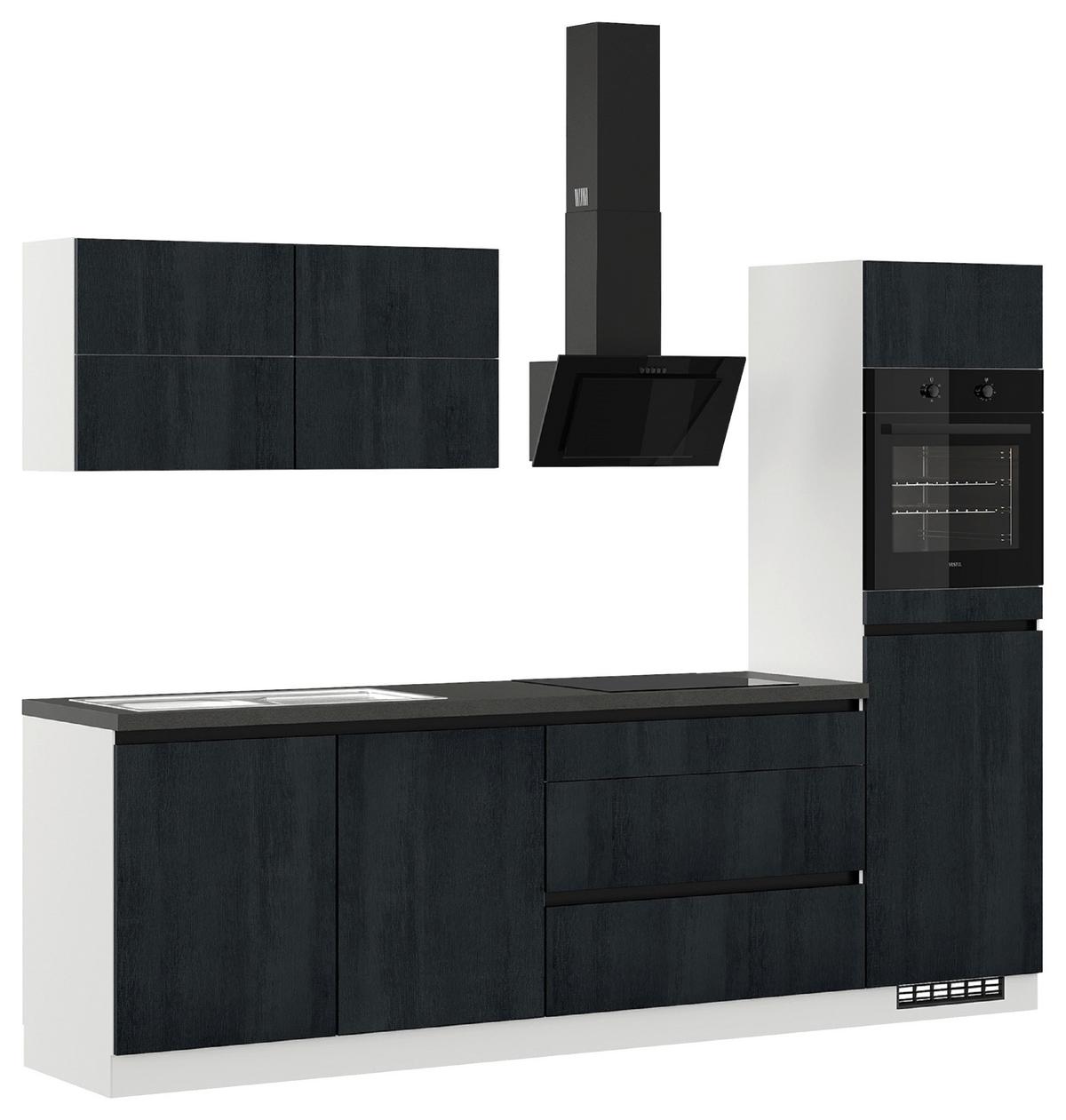 Küchenblock IKC mit Geräten ca. 280 cm Schwarz/Weiß - Eiche dunkel/Hellgrau, Design, Holzwerkstoff (280cm) - Impuls