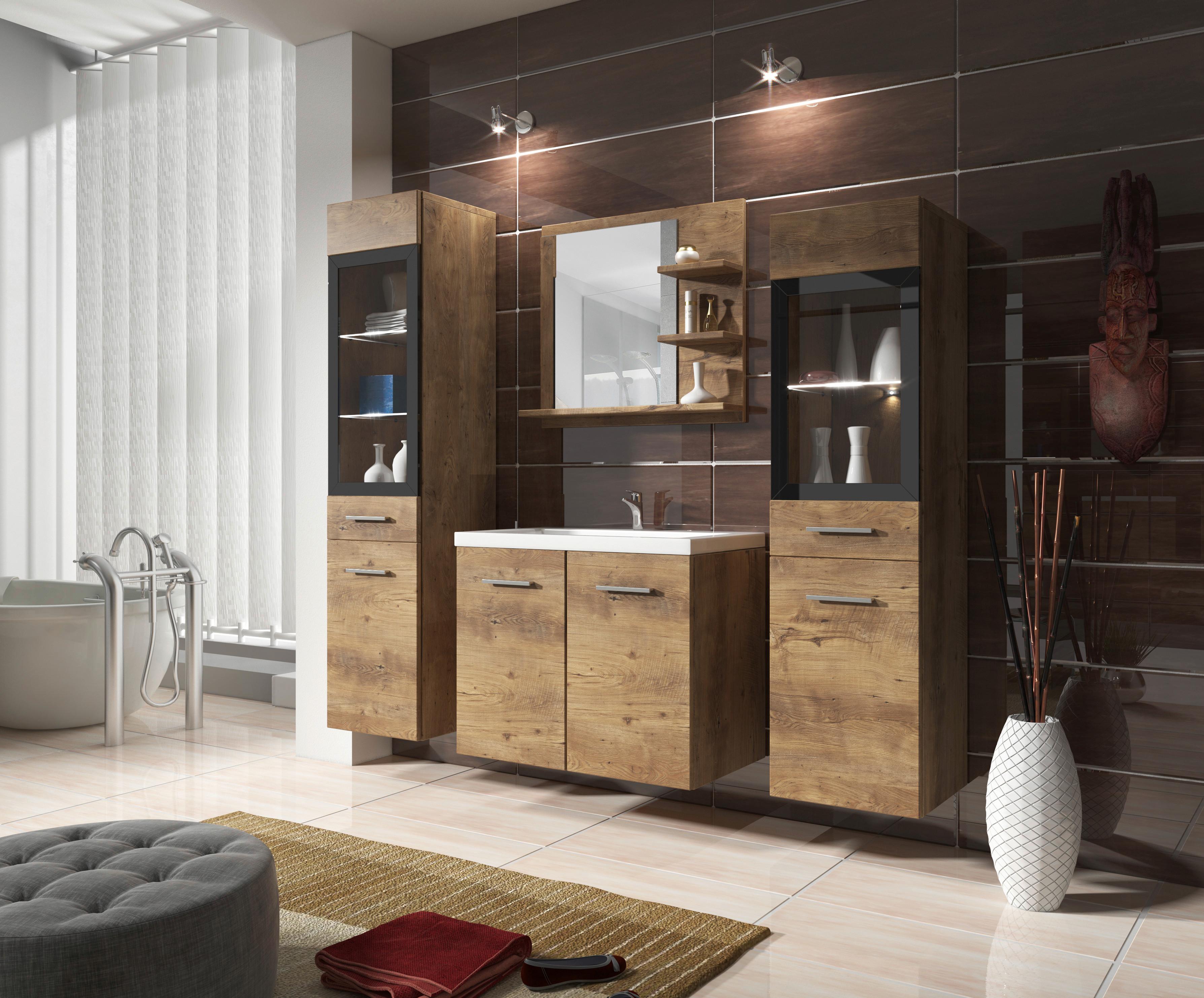 Badmöbel-Set 5-tlg. Madrit mit LED ca. 120 cm Kastanieneiche - Kastanienfarben/Kastanieneichefarben, LIFESTYLE, Glas/Holzwerkstoff (120cm) - P & B