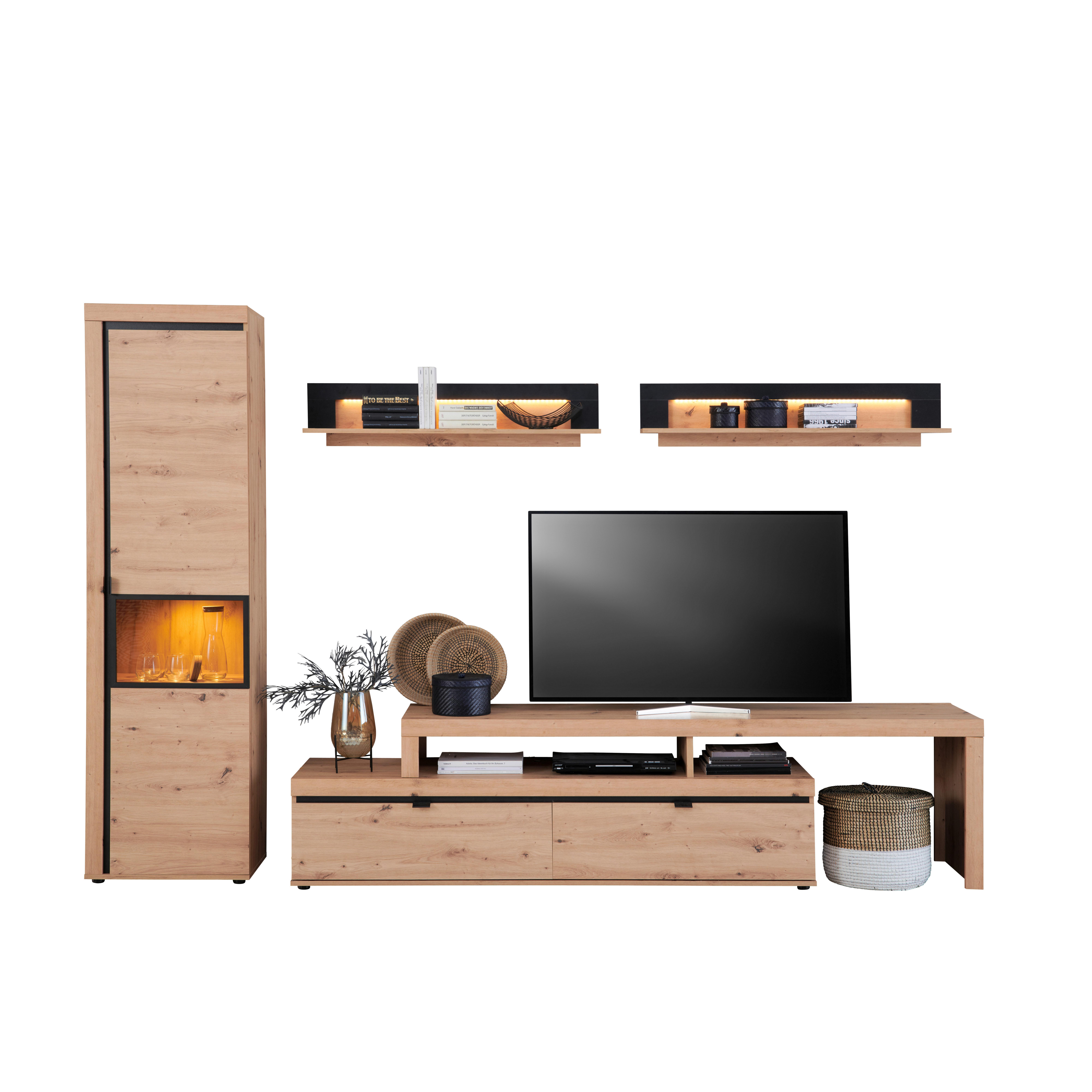Etajeră de perete NYON - culoare lemn molid/negru, Modern, material pe bază de lemn (49,1/110/21cm) - Modern Living