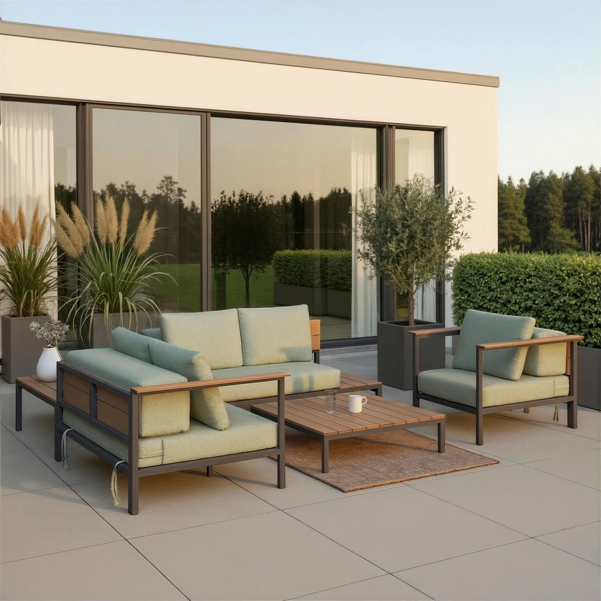 Loungegarnitur Chiara Grün Outdoorstoff/Metall +Abdeckung - Dunkelgrau/Hellgrün, MODERN, Kunststoff/Textil (164/68/94cm) - Bessagi Garden