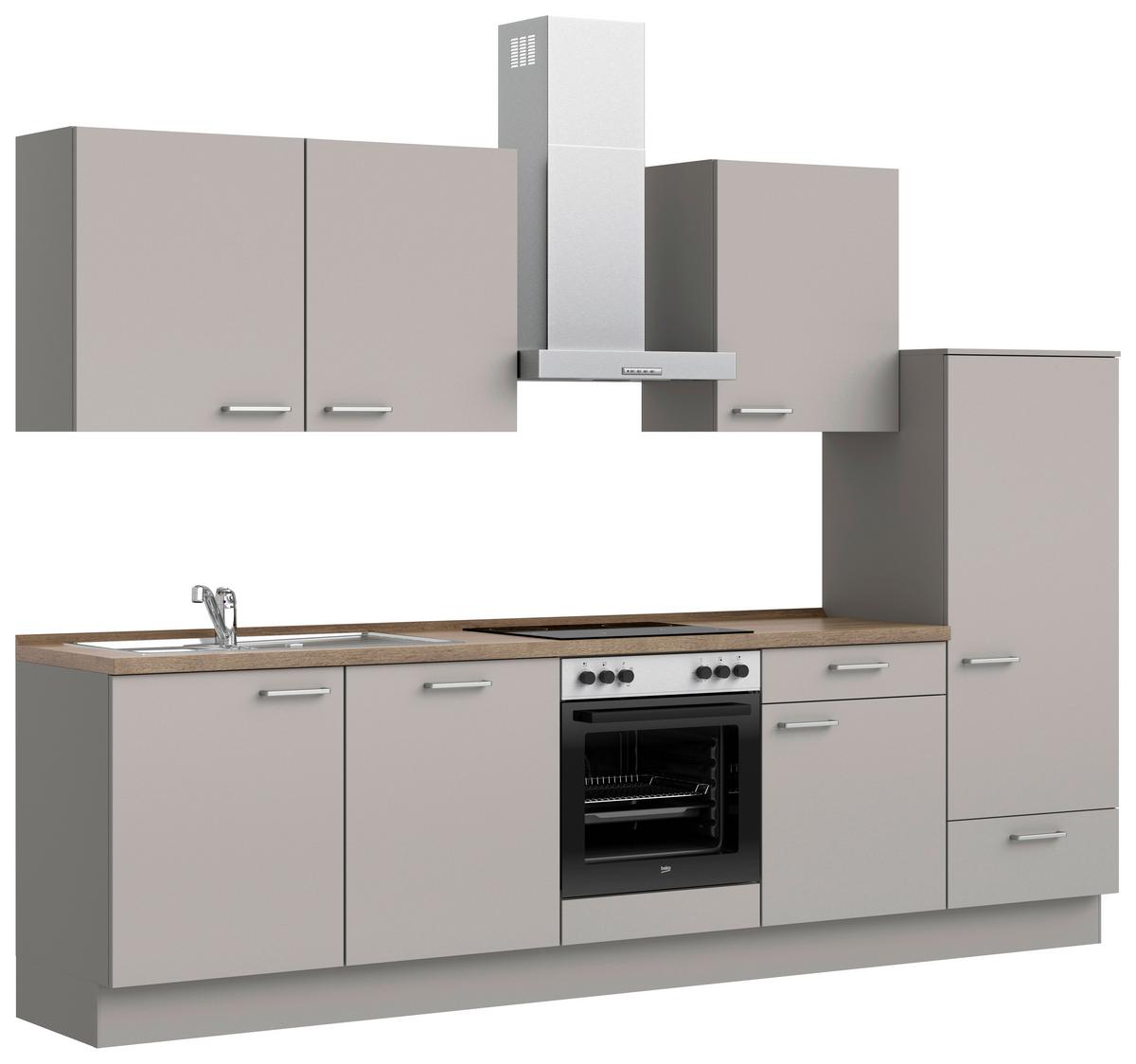 Küchenblock Touch Low m. Geräten Grau - Eiche dunkel/Edelstahlfarben, MODERN, Holzwerkstoff/Metall (300cm) - Nobilia