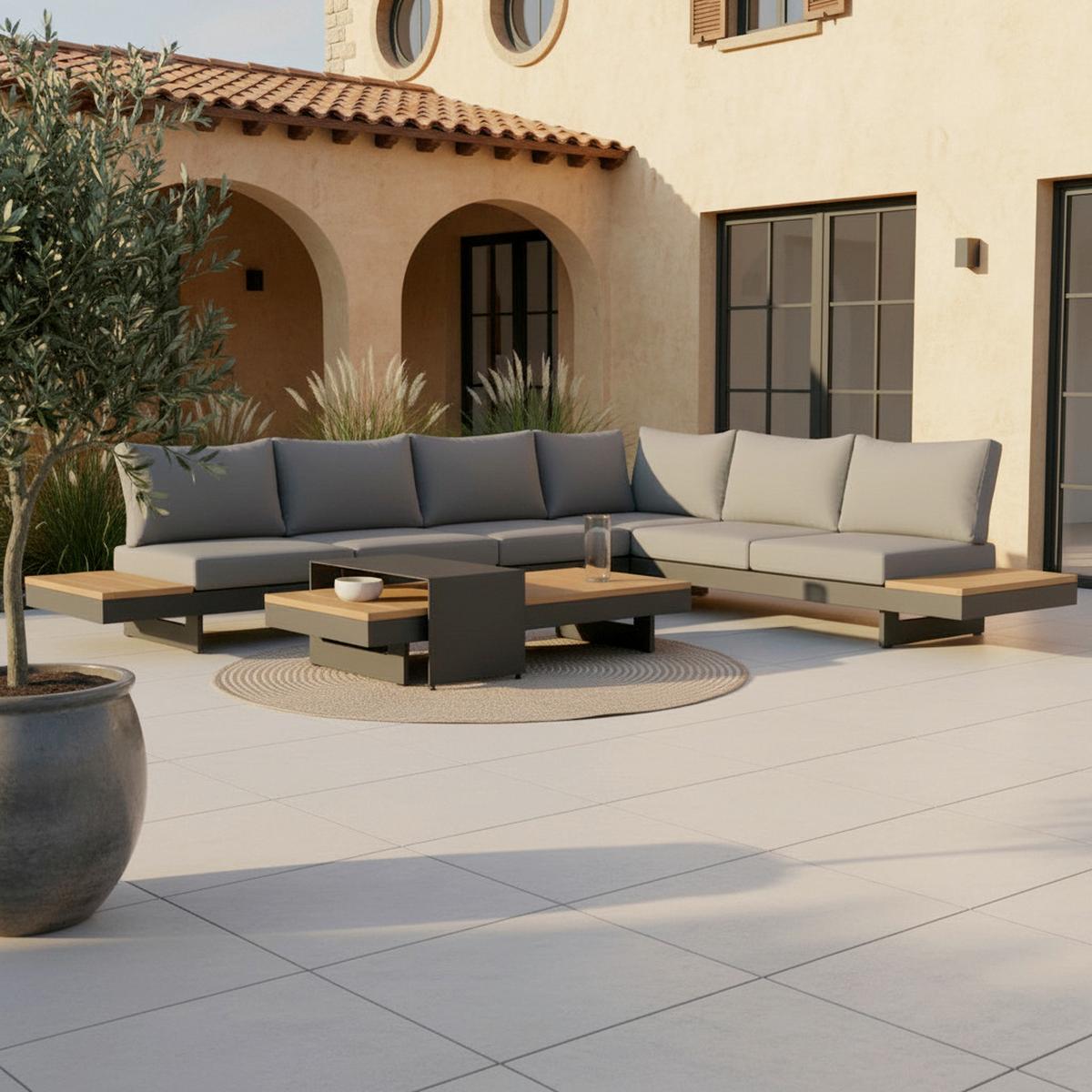 Loungegarnitur-Set Amaia Grau Metall/Outdoorstoff - Dunkelgrau/Grau, MODERN, Holz/Textil (323/253cm) - Bessagi Garden