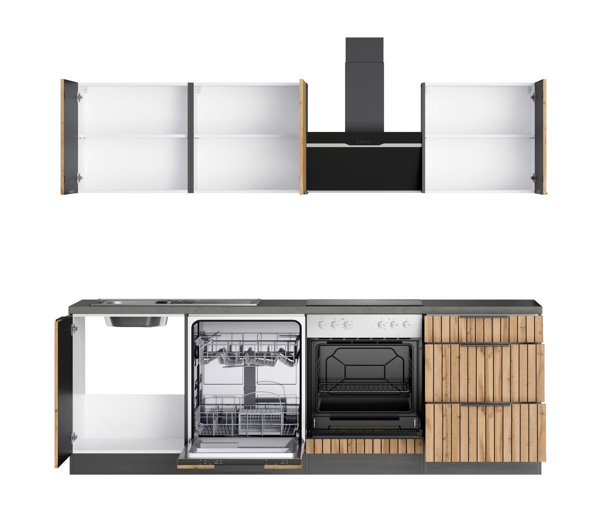 Küchenblock Liverpool m. Geräte Eiche Wotan - Schieferfarben/Eiche Wotan, Basics, Holzwerkstoff/Metall (240cm) - Held