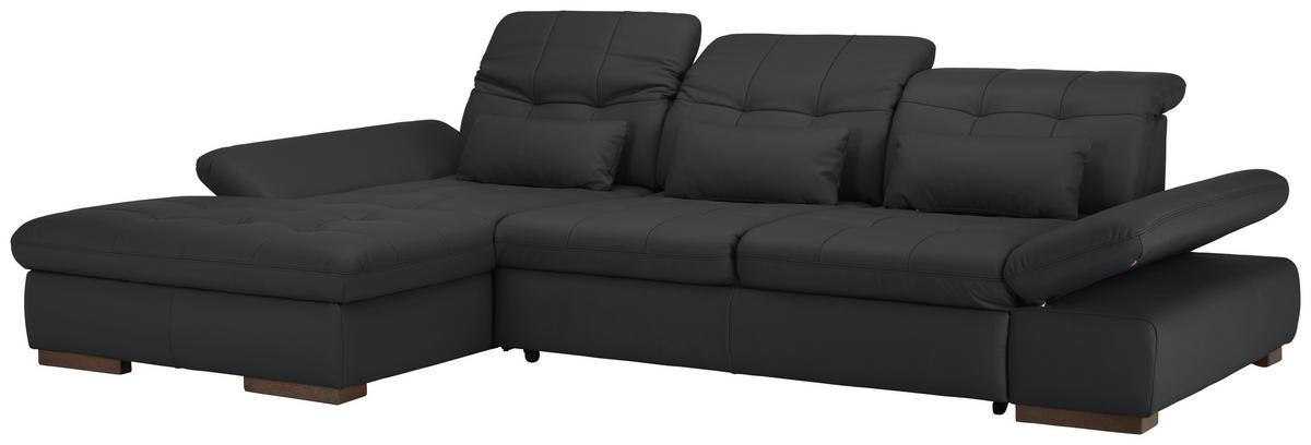 Wohnlandschaft Sanfino Leder Schwarz - Chromfarben/Schwarz, KONVENTIONELL, Leder/Metall (199/79-96/305cm) - Premium Living