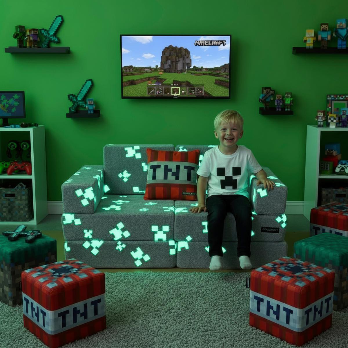 SOFA DZIECIĘCA/MŁODZIEŻOWA MINECRAFT - czerwony/szary, Trend, tkanina (120/60/60cm) - Minecraft