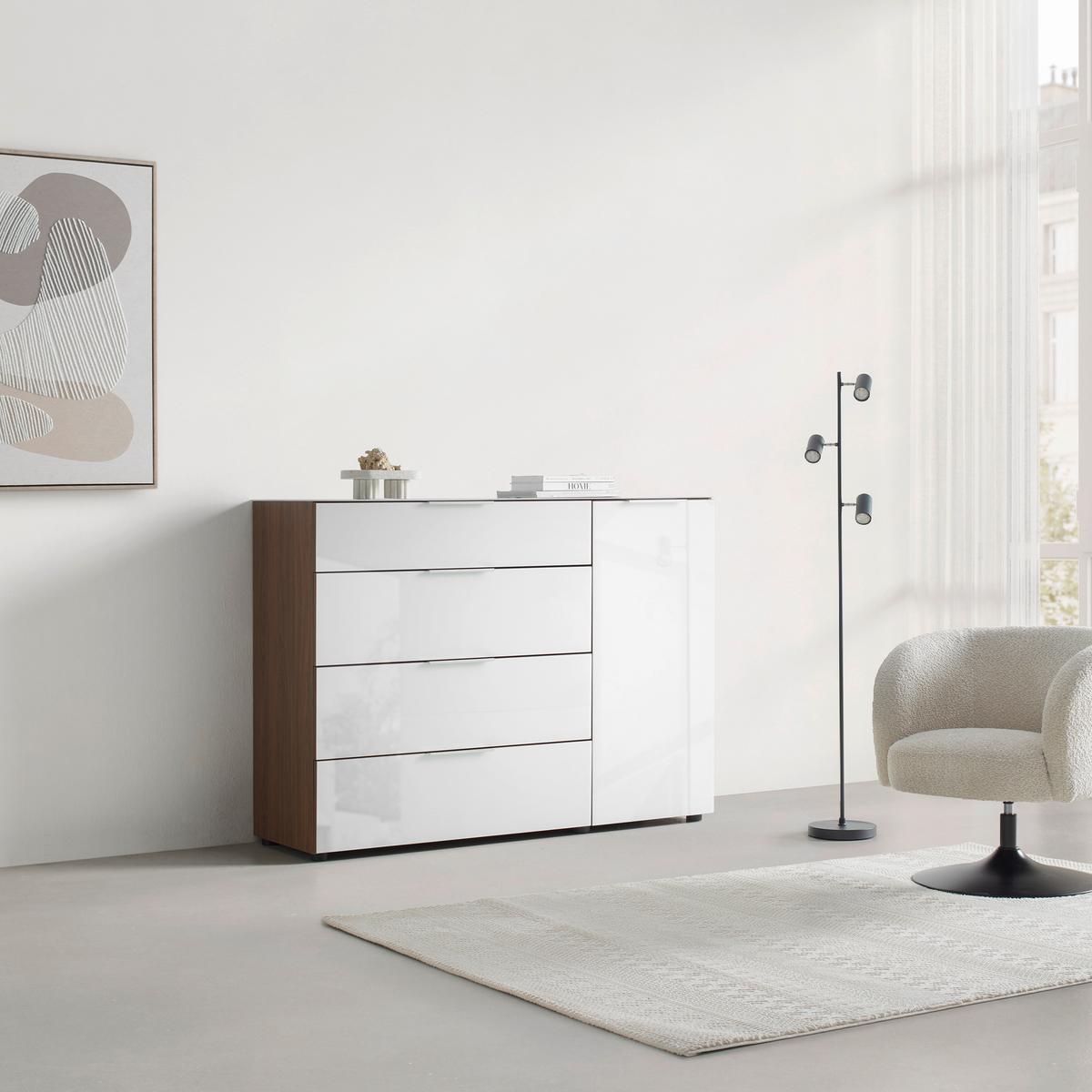 Kommode Siena Weiß/Nussbaumfarben - Silberfarben/Nussbaumfarben, MODERN, Glas/Holzwerkstoff (90/99/40cm) - Mömax