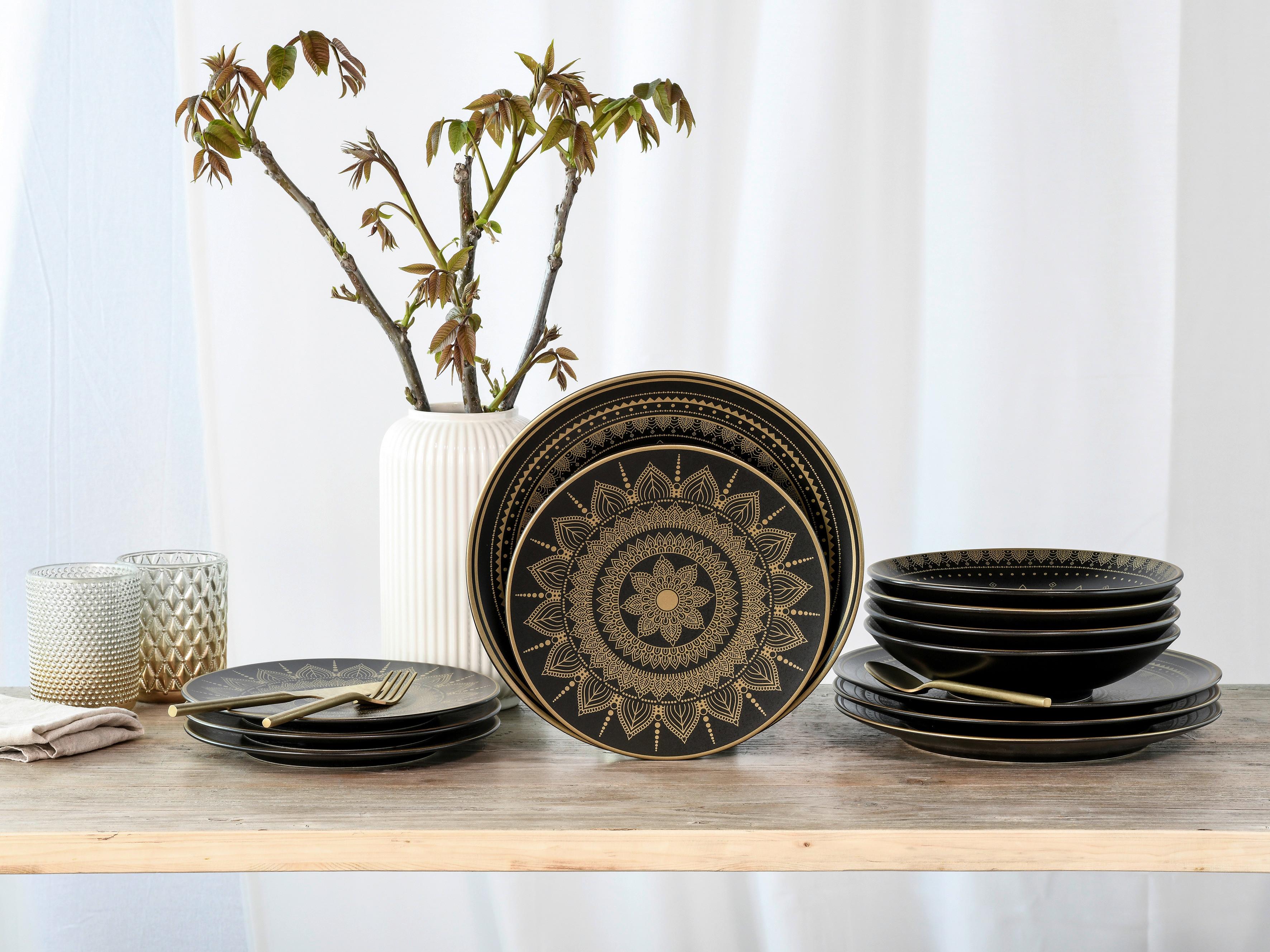 Jedilni Servis Mandala, 12-Delni - zlate barve/črna, keramika - Creatable