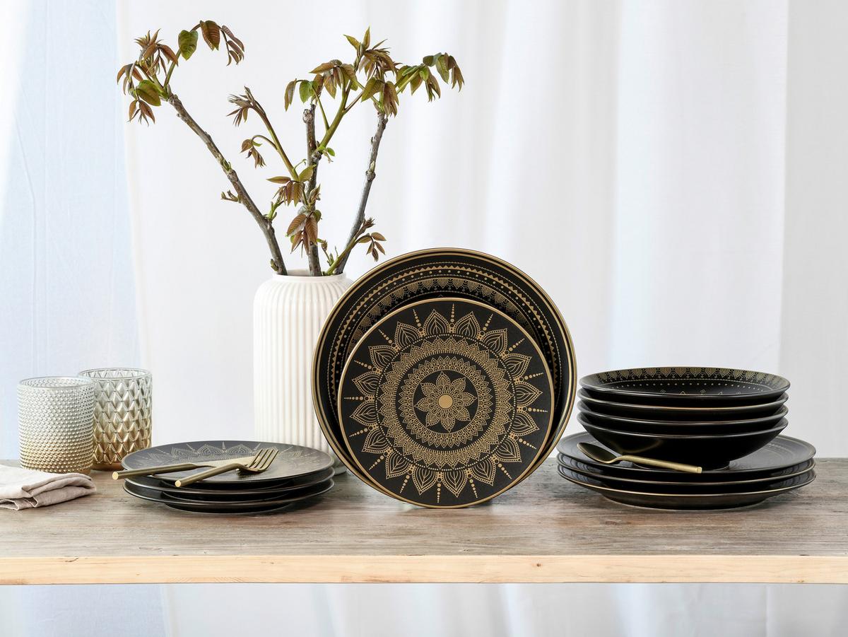 Jedilni Servis Mandala, 12-Delni - zlate barve/črna, keramika - Creatable