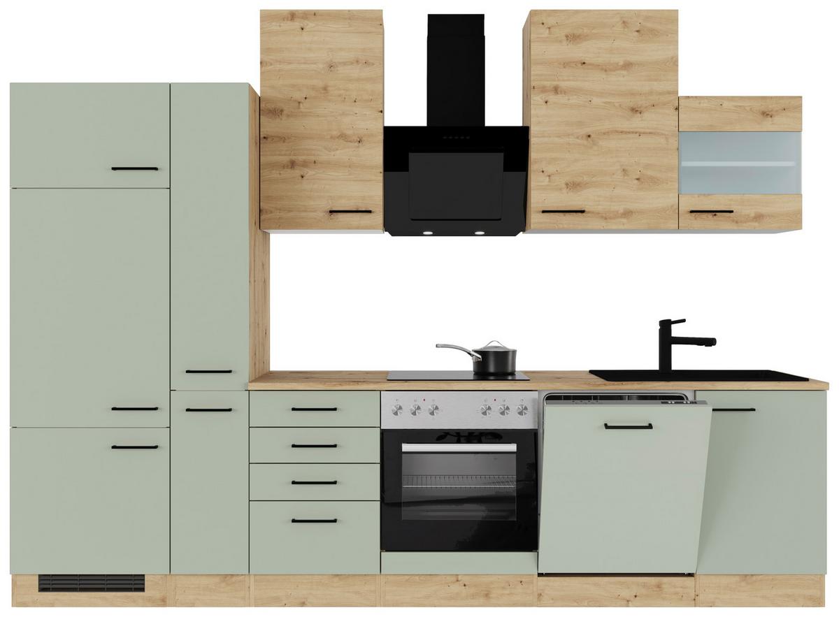 Küchenblock Cara mit Geräten ca. 310 cm Grün/Eiche - Schilfgrün/Schwarz, Basics, Holzwerkstoff/Metall (310cm) - FlexWell