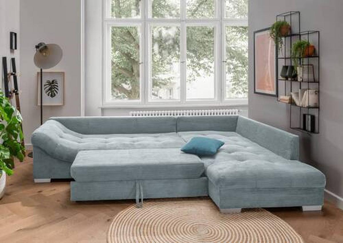 Wohnlandschaft Alvito Hellblau Cord - Silberfarben/Petrol, Design, Holz/Textil (298/202cm) - MID.YOU