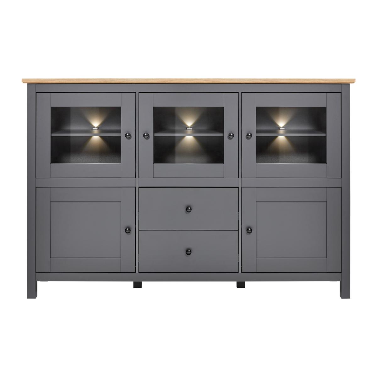 Sideboard Claudio Dunkelgrau/Eiche MDF - Dunkelgrau/Schwarz, MODERN, Glas/Holz (186/126/44cm) - Bessagi Home