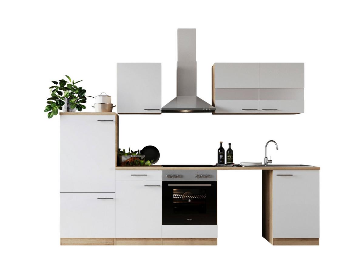 Küchenblock Merle m. Geräten Weiß - Edelstahlfarben/Eichefarben, Basics, Glas/Holzwerkstoff (280cm) - Respekta