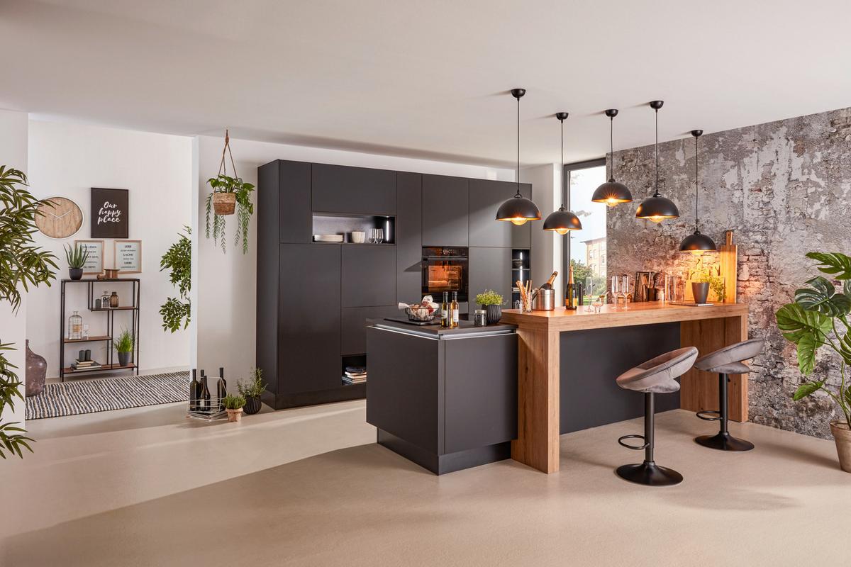 Einbauküche Flair Vulkaneiche - Eichefarben/Schwarz, MODERN, Holzwerkstoff (303,2/300cm) - Nolte Küchen