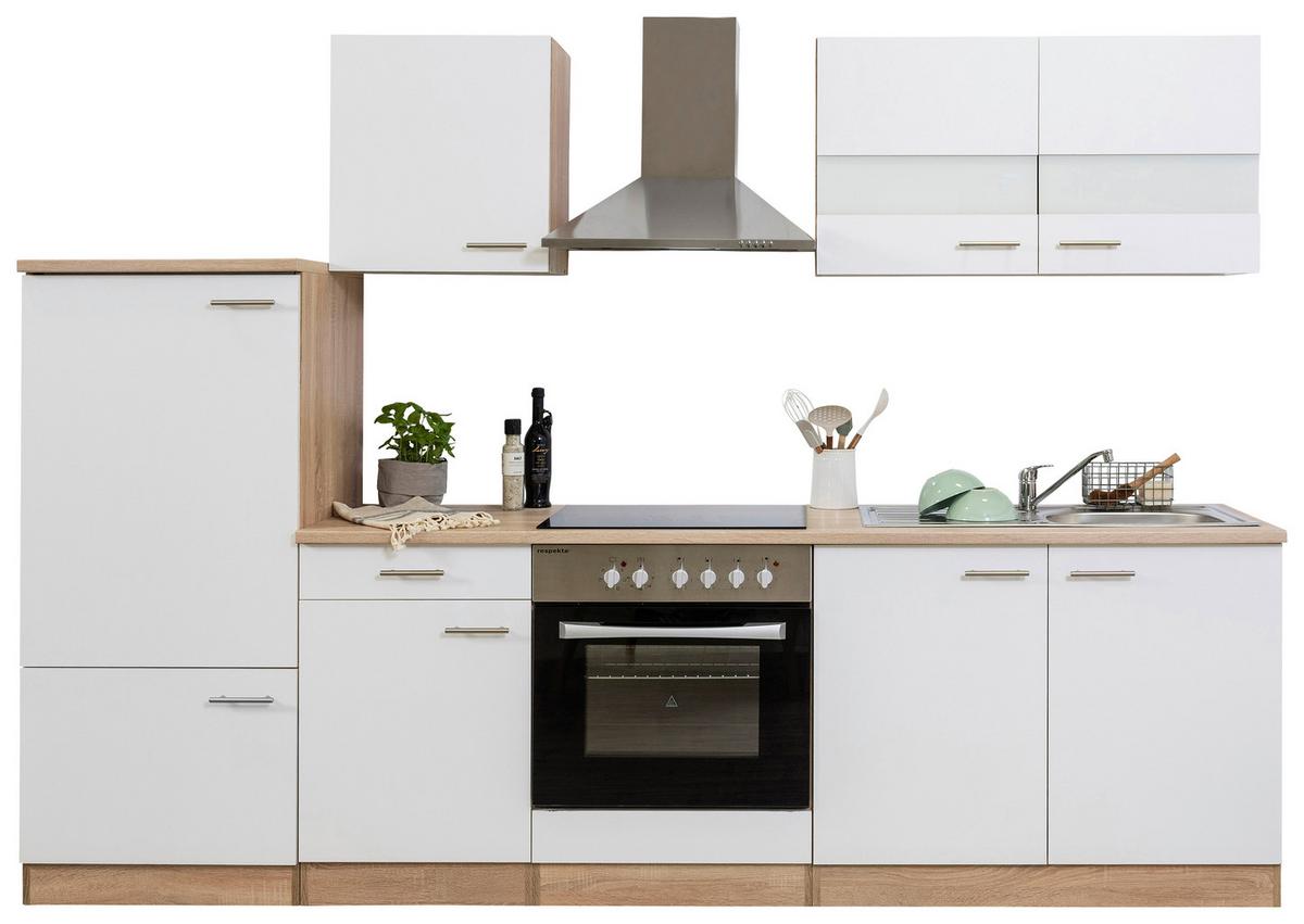 Küchenzeile Economy o. Geräte Weiß/Eiche B: ca. 270 cm - Edelstahlfarben/Eichefarben, Basics, Holzwerkstoff/Metall (270cm) - Respekta