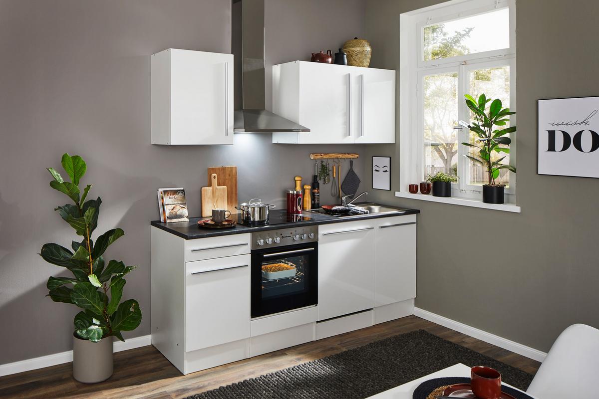 Küchenblock Jazz mit Geräten ca.220cm Weiß Hochglanz - Weiß Hochglanz/Dunkelgrau, LIFESTYLE, Holzwerkstoff/Kunststoff (220cm) - P & B