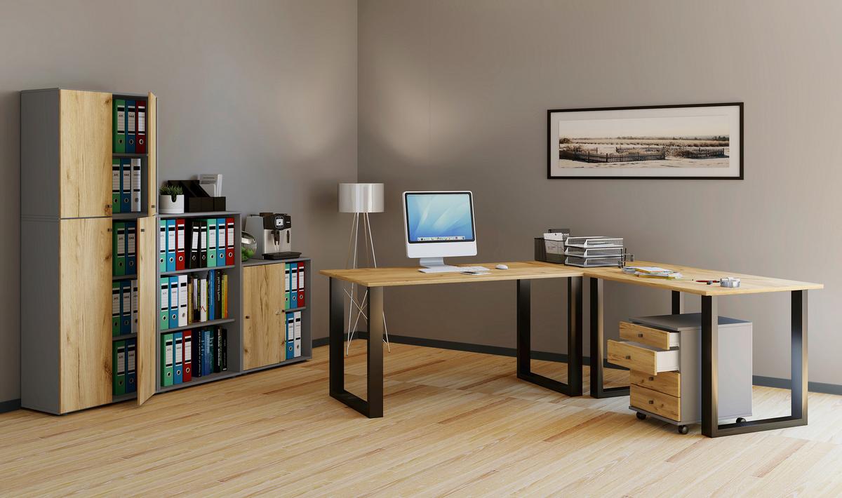 Kotna Pisalna Miza Lona, Barva Hrasta, Črna, 190x190cm - srebrne barve/črna, Design, kovina/leseni material (190/190/76cm) - MID.YOU