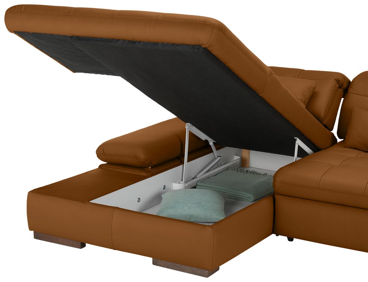 Wohnlandschaft Sanfino Leder Dunkelorange - Chromfarben/Dunkelorange, KONVENTIONELL, Leder/Metall (199/79-96/305cm) - Premium Living
