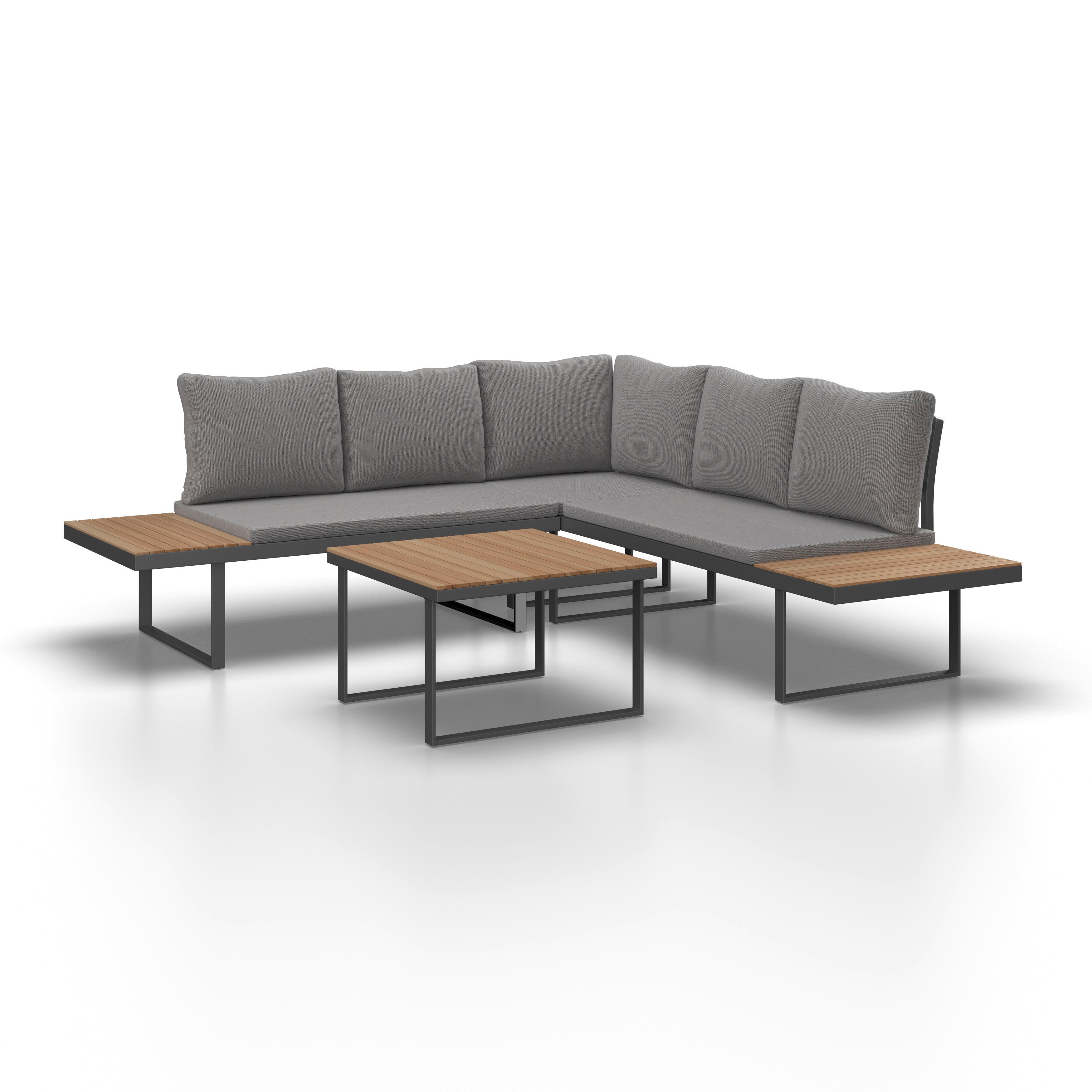 Loungegarnitur Elia Outdoorstoff/Metall/Holz - Grau/Akaziefarben, MODERN, Holz/Textil (236,5/75/236,5cm) - Bessagi Garden