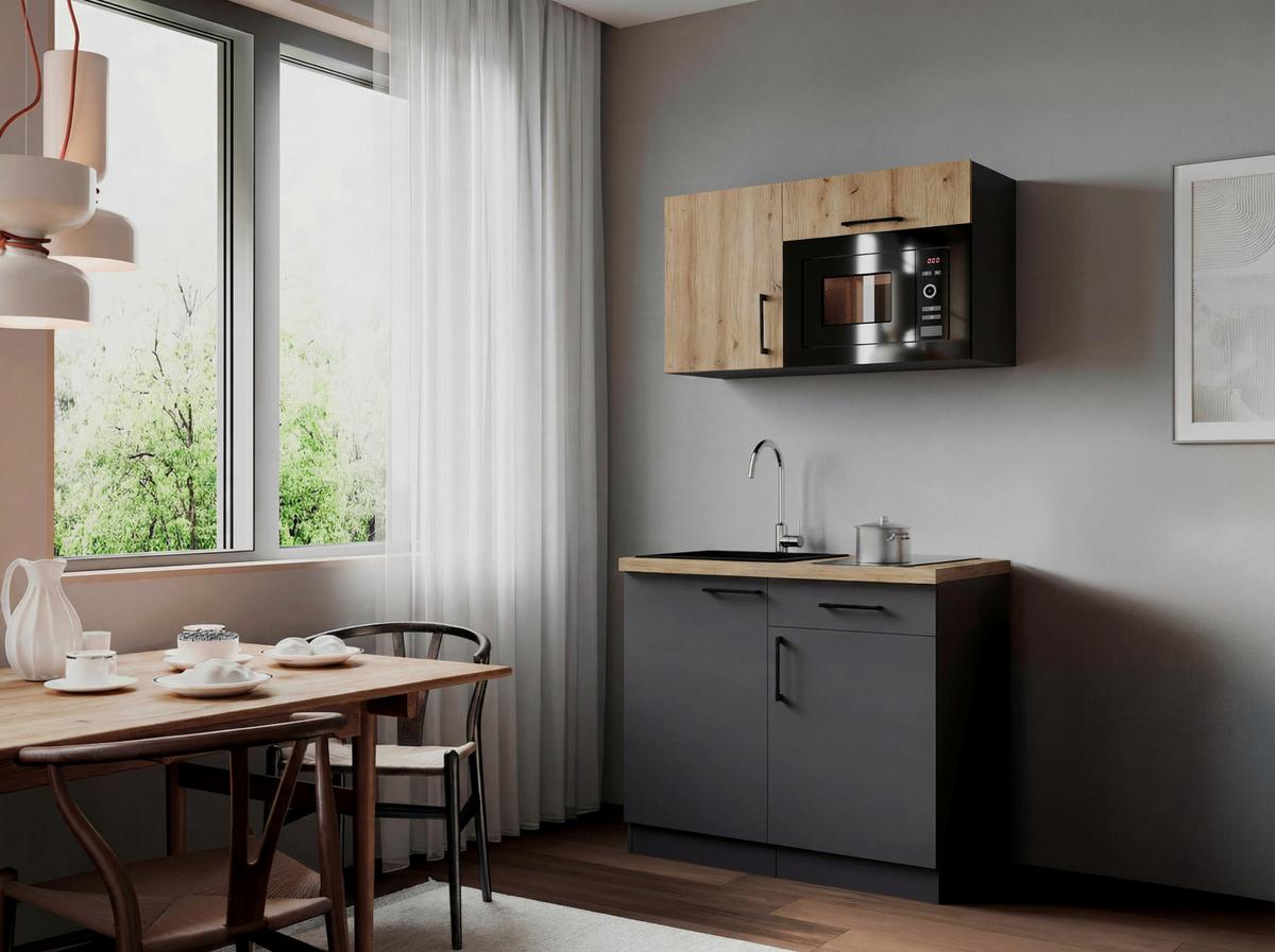 Miniküche Oliver m. Geräten ca. 100cm Grau - Eiche Artisan/Grau, Trend, Holzwerkstoff/Metall (100cm) - Respekta