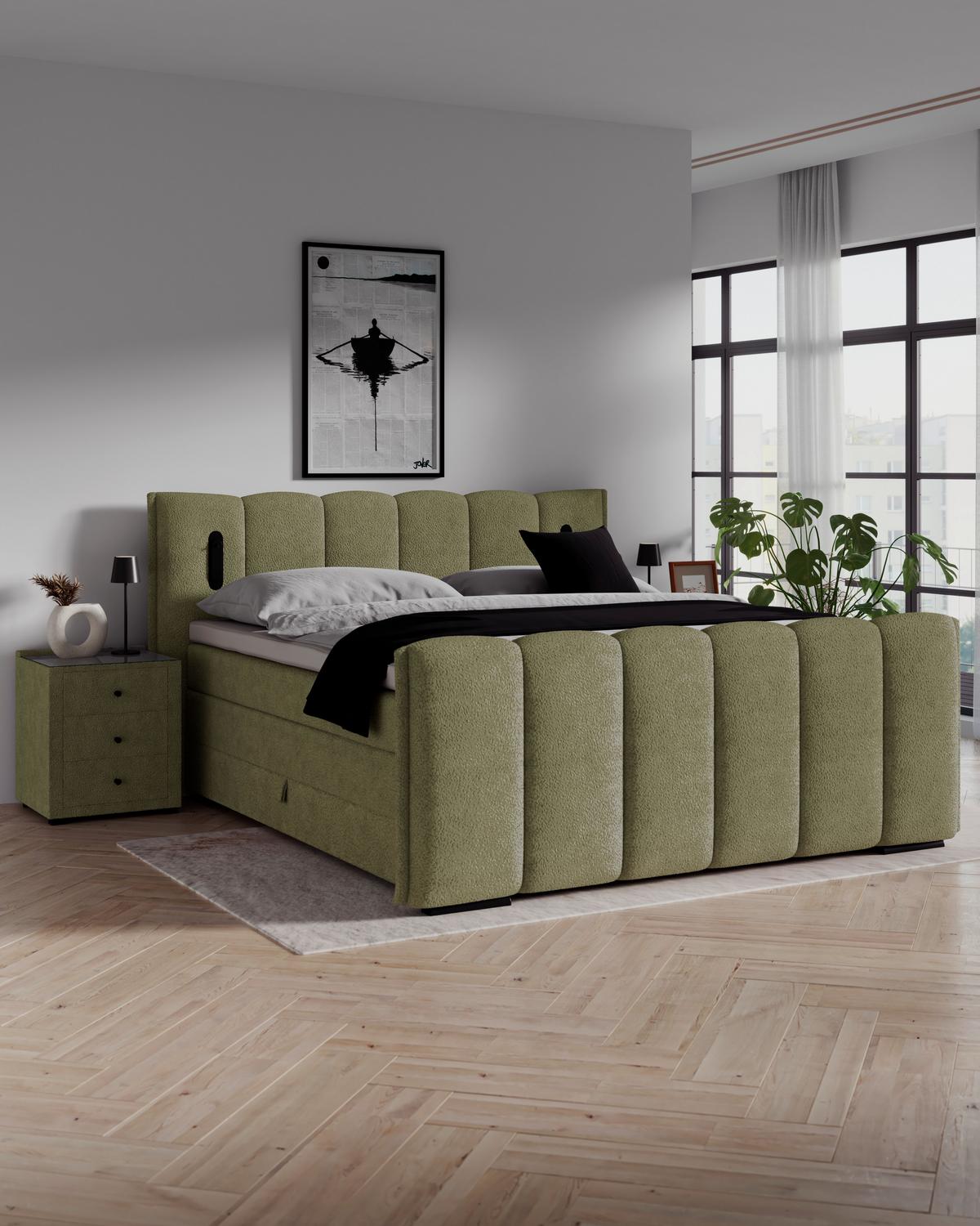 Boxspring Krevet Elysia - zelena/crna, Trend, drvni materijal/drvo (160/220cm) - Premium Living