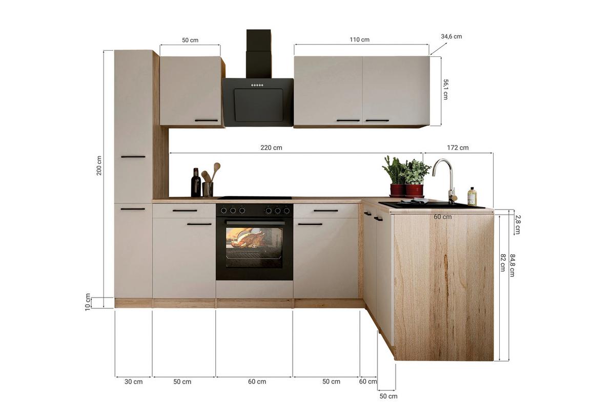 Eckküche Merle m. Geräten ca. 250x172cm Kaschmir - Kaschmir/Eichefarben, Trend, Holzwerkstoff/Metall (250/172cm) - Respekta