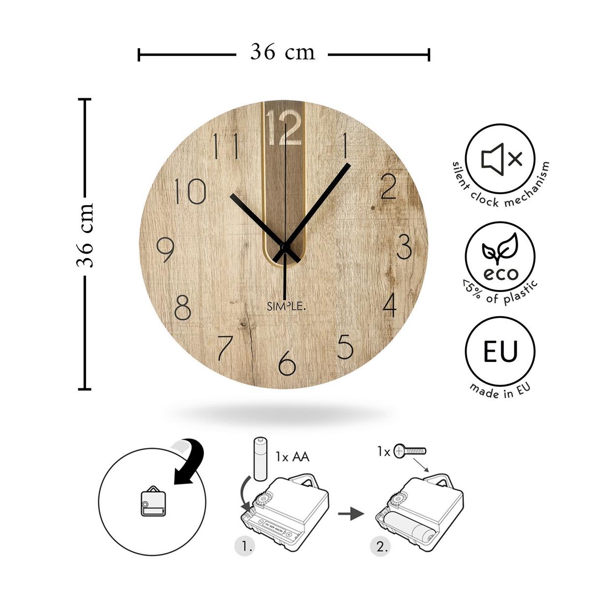 Wanduhr CL-12392 Schwarz/Eichefarben - Eichefarben/Schwarz, Basics, Holz/Kunststoff (36cm)