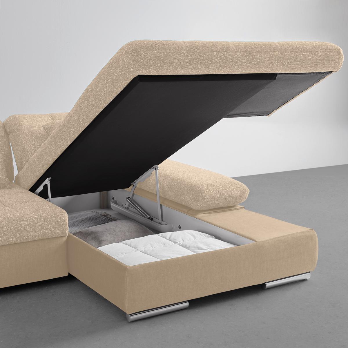 Wohnlandschaft Sanfino Beige - Chromfarben/Beige, KONVENTIONELL, Holz/Textil (305/79-96/199cm) - Premium Living