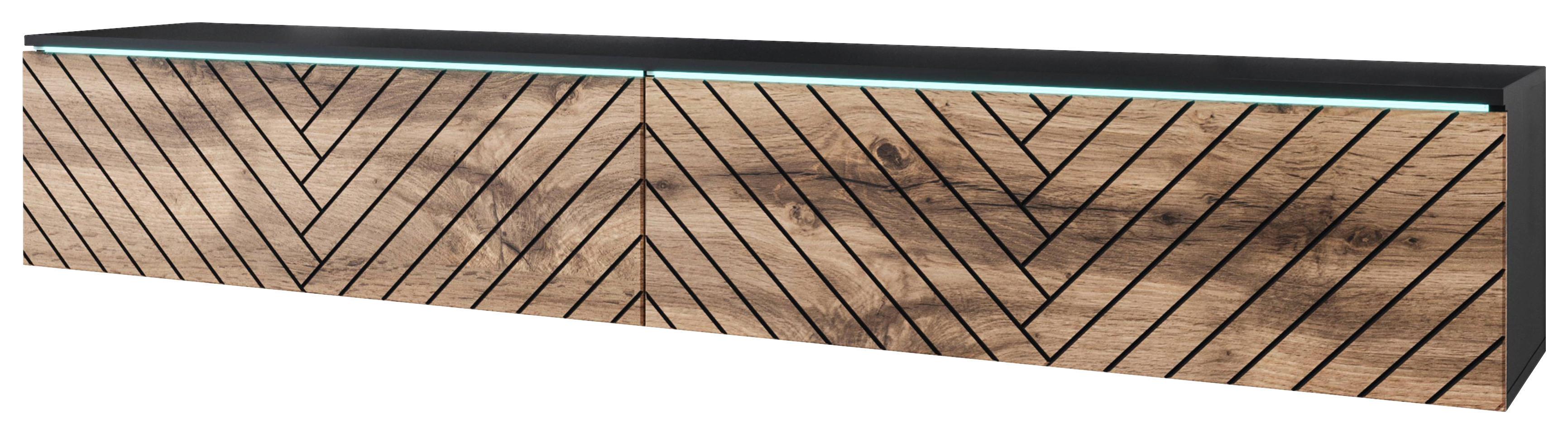 Lowboard ca. 180x30 cm mit LED Fischgräte Eiche Wotan/Schwarz - Eiche Wotan/Schwarz, Basics, Holzwerkstoff/Kunststoff (180/30/33cm) - P & B