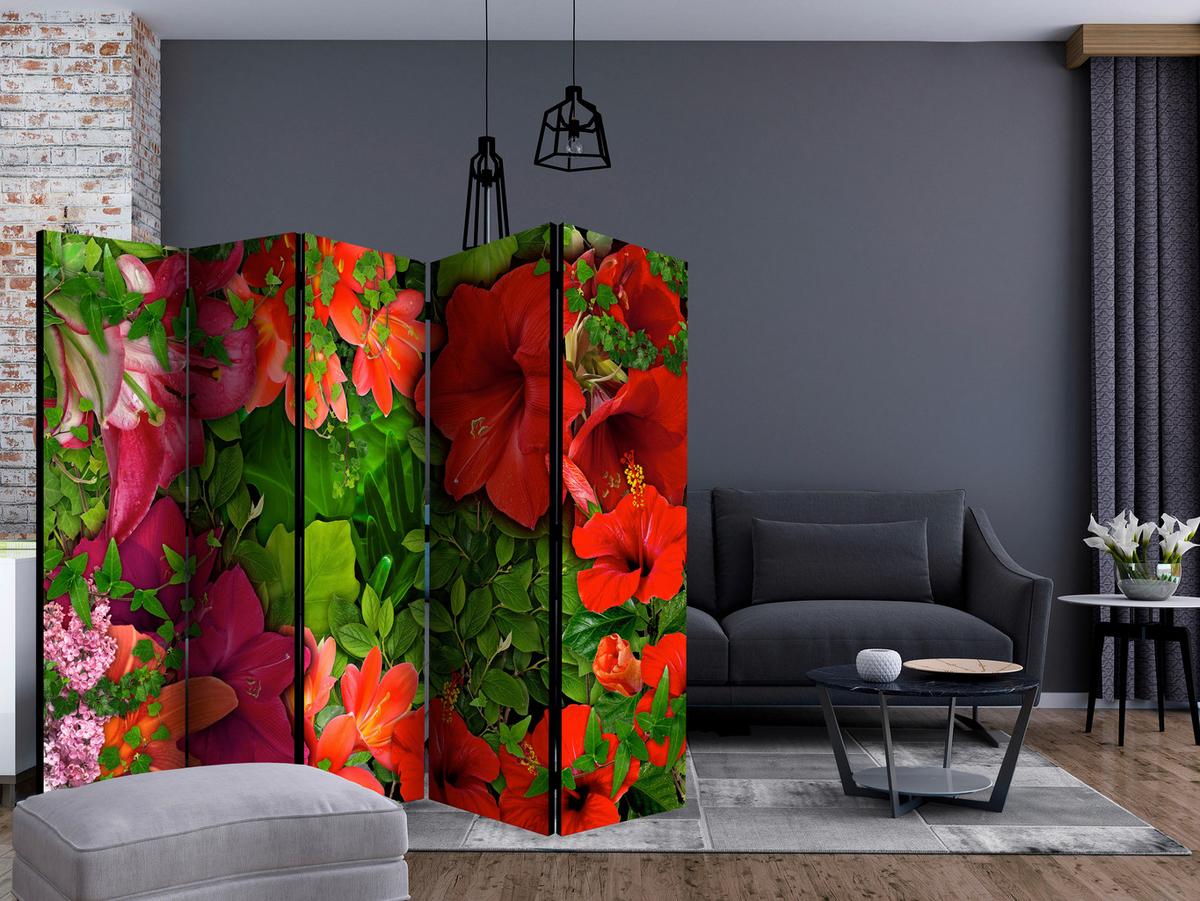 Paravan Lilac Serenade I, Dvostranski, 5-Delni - zelena/svetlo rdeča, Basics, tekstil/les (225/172/3cm) - artgeist