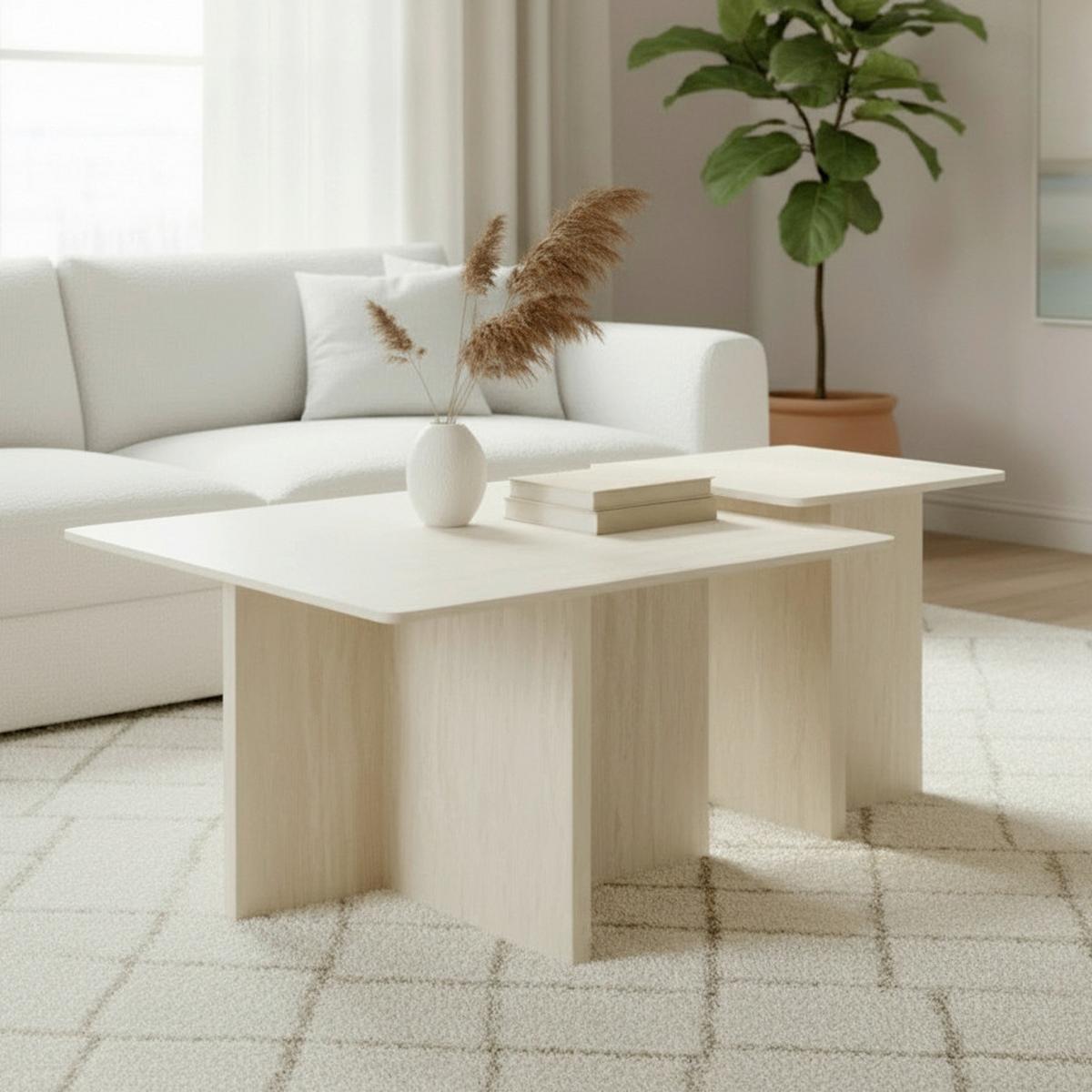 Couchtisch Lucca Creme MDf/Kunststein 2-er Set - Creme, MODERN, Holzwerkstoff/Stein - Bessagi Home