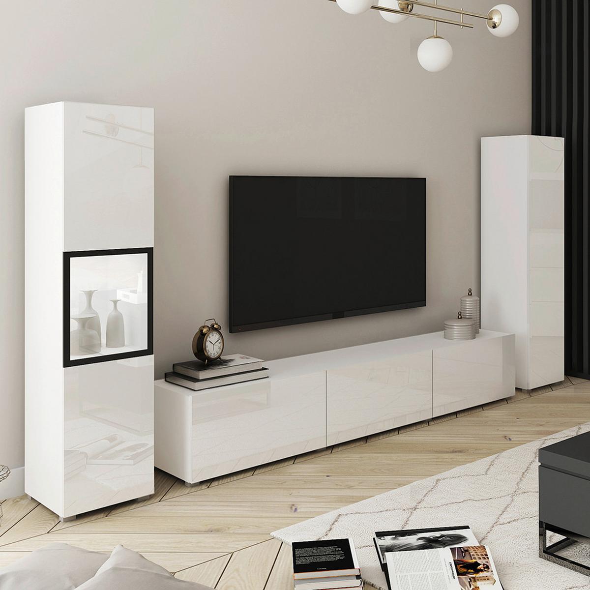 Wohnwand Berlin Weiß/Hochglanz ca.240x130x31cm - Weiß Hochglanz/Weiß, Design, Glas/Holzwerkstoff (240/130/31cm) - P & B