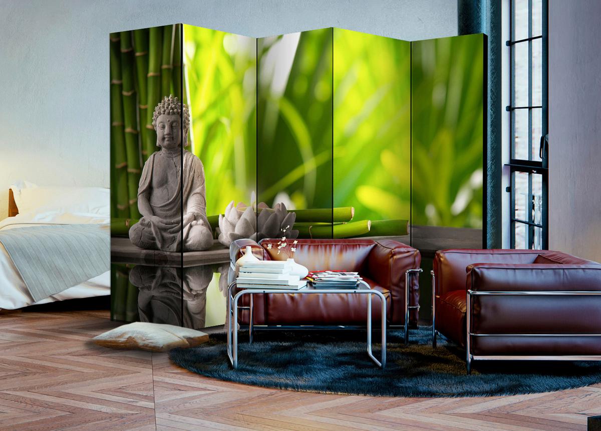 Paravan Meditation I, 5-Delni, Akustičen - siva/svetlo zelena, Basics, umetna masa/tekstil (225/172/3cm) - artgeist