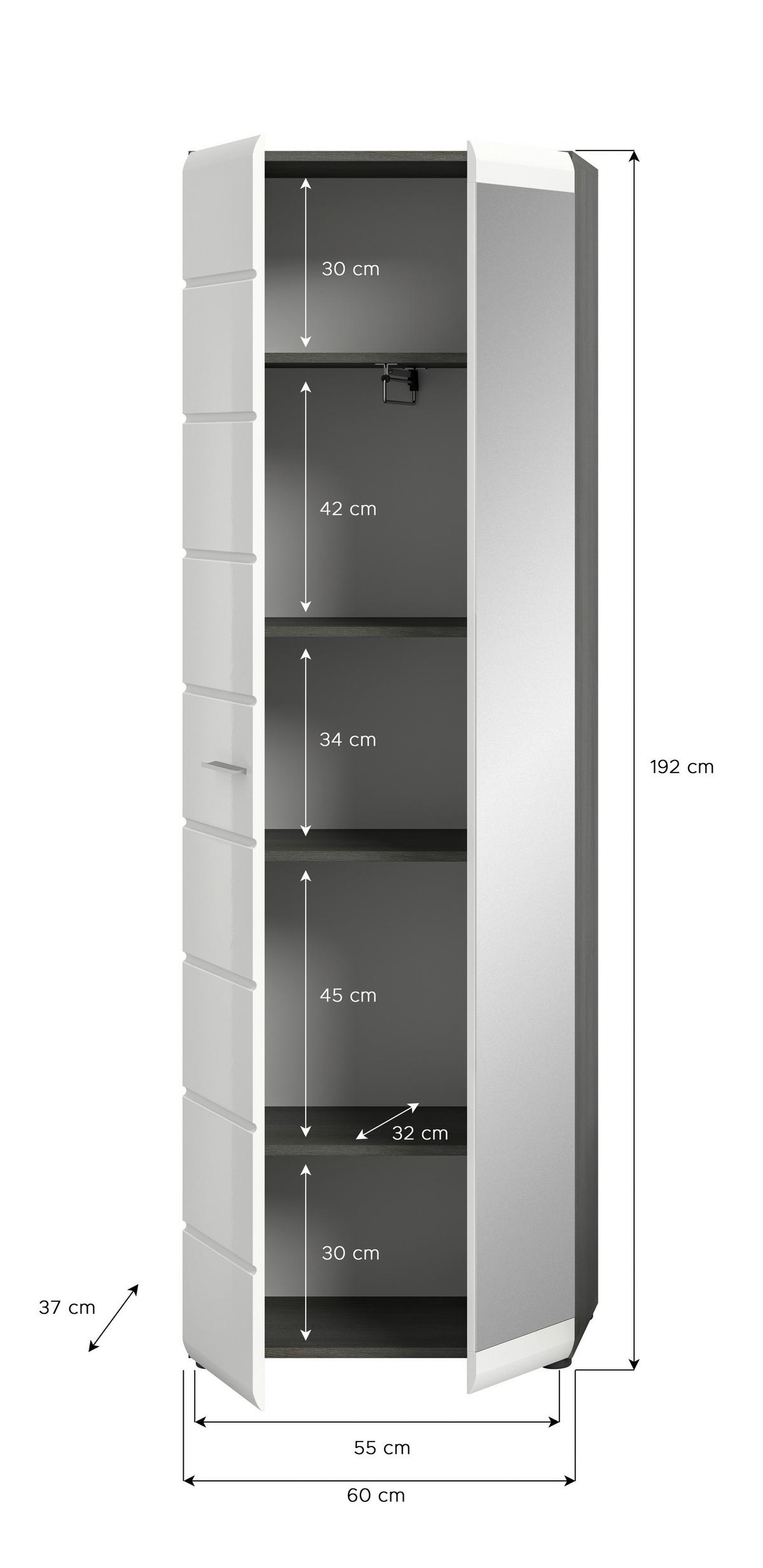 Garderobna Omara Salsa, Siva, Bela, Visoki Sijaj - srebrne barve/bela, Design, umetna masa/leseni material (60/192/37cm) - MID.YOU