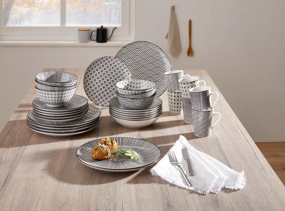 SERWIS OBIADOWO-ŚNIADANIOWY TOKYO - czarny/biały, Trend, ceramika - Novel