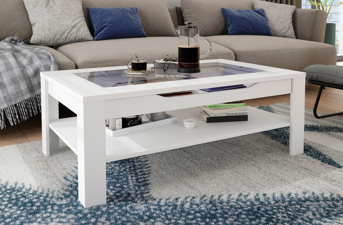 Couchtisch mit Glasplatte, Lade und Ablage Ralph, Weiß - Weiß, MODERN, Glas/Holzwerkstoff (110/43/67cm) - MID.YOU