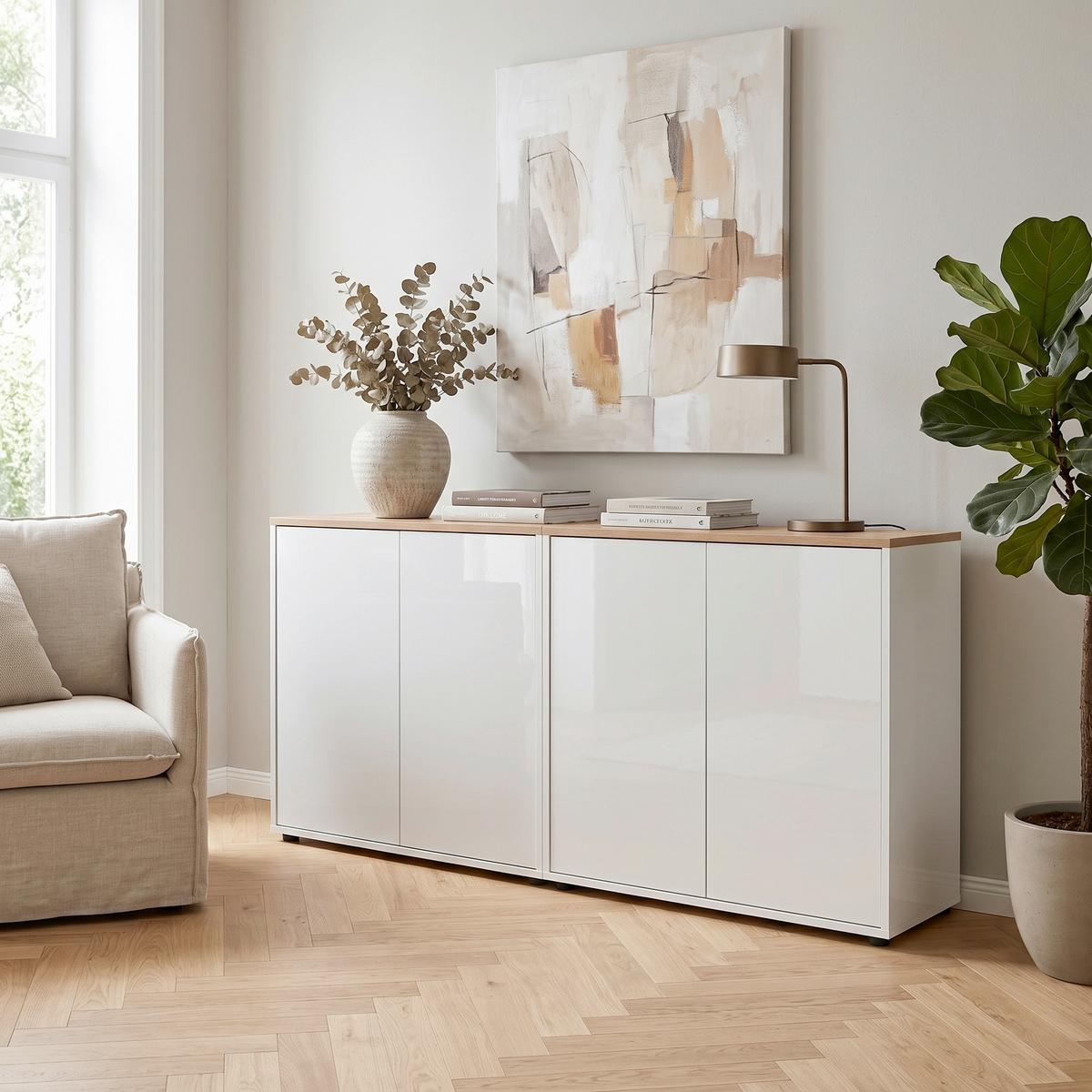 Sideboard Mailand Set 2 Weiß/Eiche - Weiß Hochglanz/Schwarz, MODERN, Holzwerkstoff/Kunststoff (158/73/33cm) - MID.YOU