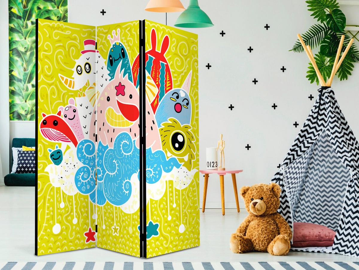 Paravan Happy Creatures, 3-Delni, Dvostranski - večbarvno, Basics, tekstil/les (135/172/3cm) - artgeist