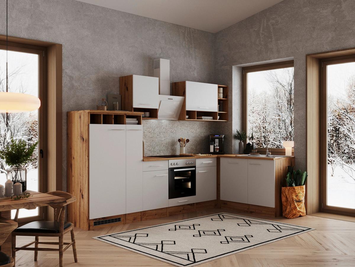 Eckküche Hilde ohne Geräte ca. 310x172 cm Weiß, Wildeiche - Wildeiche/Weiß, Basics, Holzwerkstoff/Metall (310/172cm) - Respekta