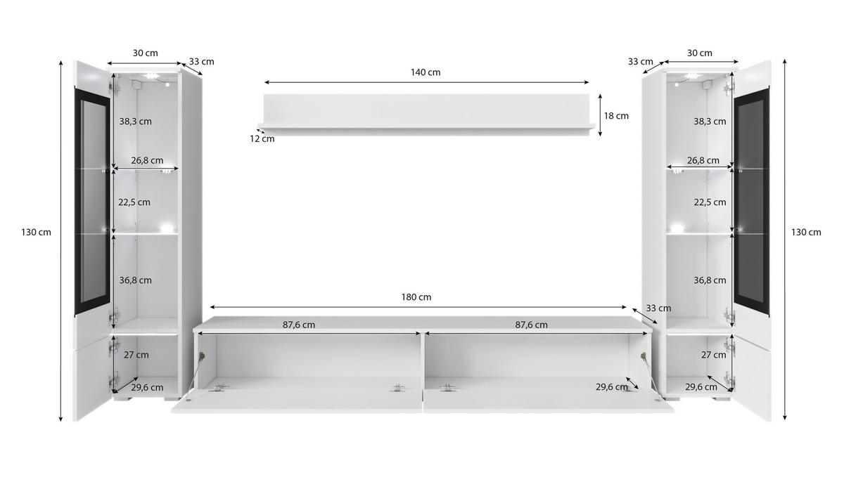 Dnevni Regal Vera I, Bela, Siva, Z Osvetlitvijo, 4-Delni - siva/bela, Trend, umetna masa/steklo (240/130/33cm) - P & B