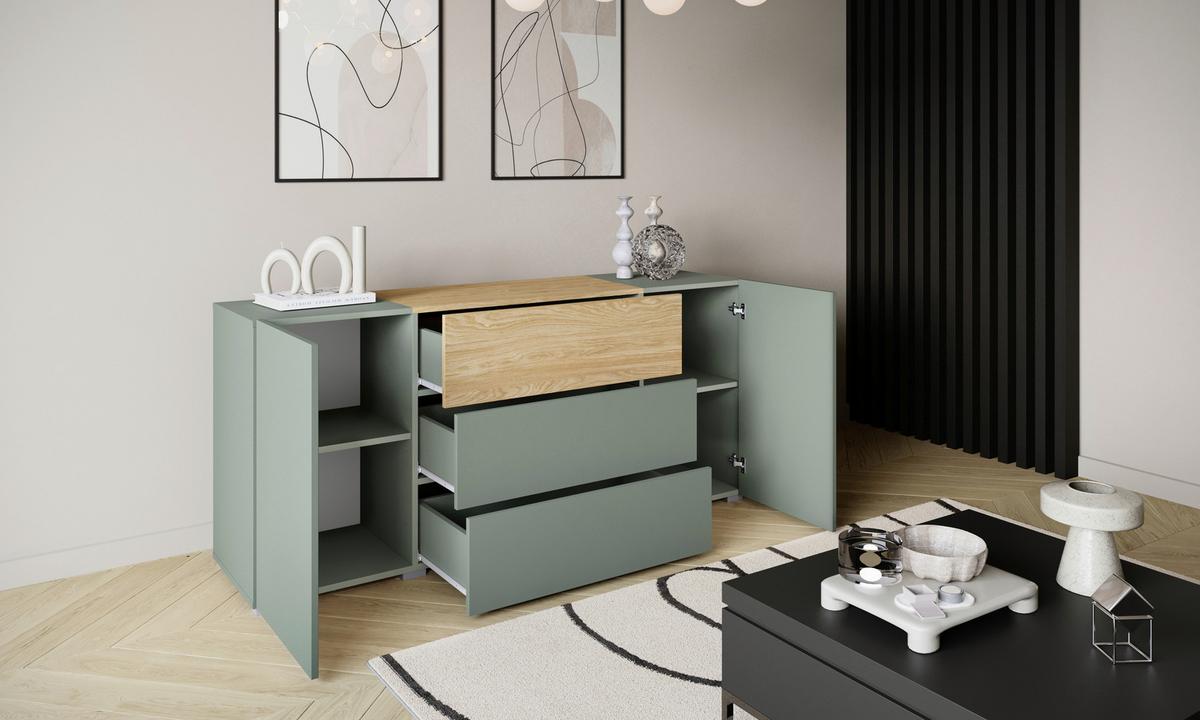 Sideboard 150cm Berlin 150 Salbeigrün/Eichefarben - Eichefarben/Salbeigrün, Design, Holzwerkstoff/Kunststoff (150/68/38,5cm) - P & B