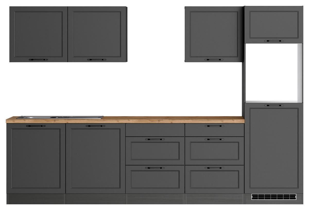 Küchenzeile Meran ohne Geräte ca. 300 cm Grau/Eiche - Eiche Wotan/Schwarz, LIFESTYLE, Holzwerkstoff/Metall (300cm) - Held