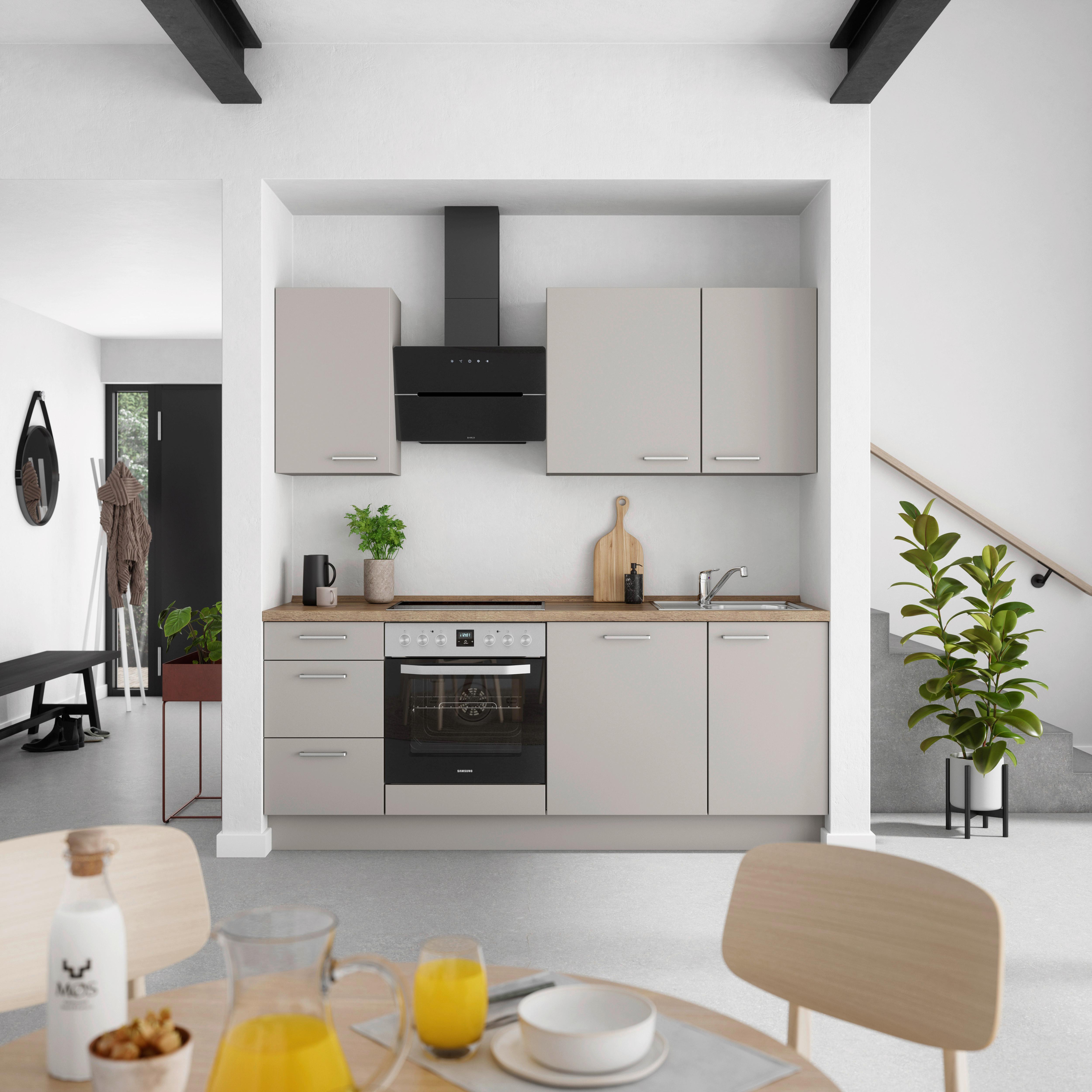 Küchenblock Touch High m. Geräten Grau - Eiche dunkel/Edelstahlfarben, MODERN, Holzwerkstoff/Metall (210cm) - Nobilia